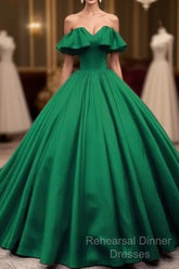 Green Satin Sweetheart Off Shoulder Ball Gown Long Sweet 16 Dress, Green Quinceanera Dress